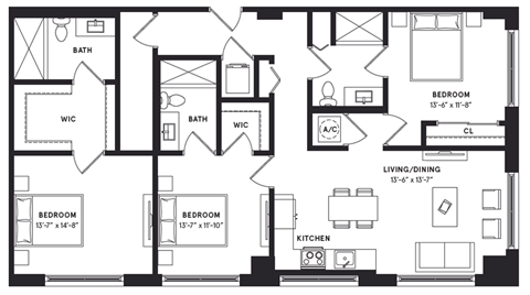 floorplan of a three bedroom luxury apartment at 29 Wyn apartments in Miami, FL